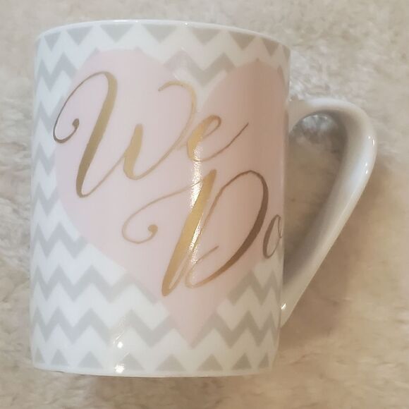 "We Do" Mugs (Set of 2) - White & Gray Chevron-Stripe with Pink Hearts - Picture 5 of 6